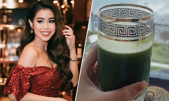 Rich kid Tiên Nguyễn cũng áp dụng công thức cần tây cùng gừng và nước cốt chanh mỗi sáng có tác dụng thanh lọc cơ thể, tăng cường hệ tiêu hóa...