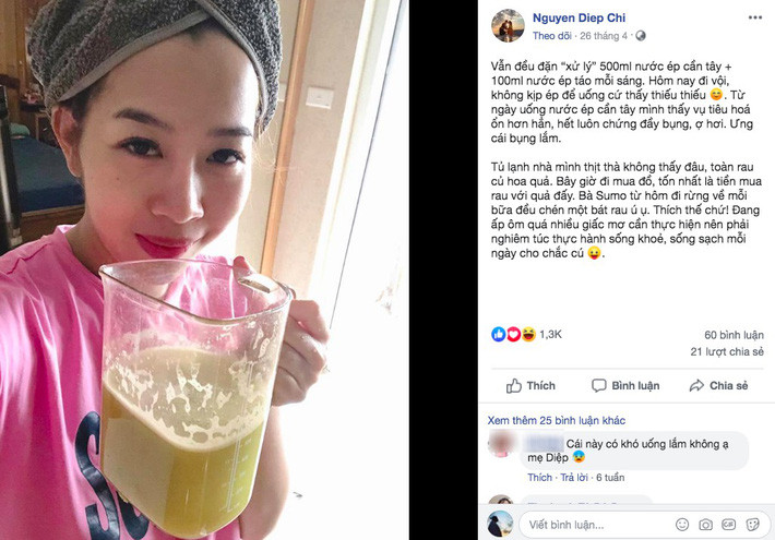 MC Diệp Chi cũng lựa chọn phương pháp vừa giảm được cân vừa dưỡng da, chống lão hóa bằng việc uống nước ép cần tây mỗi ngày. MC Diệp Chi ép 500 ml nước rau cần tây và sử dụng trước khi ăn sáng 30 phút.