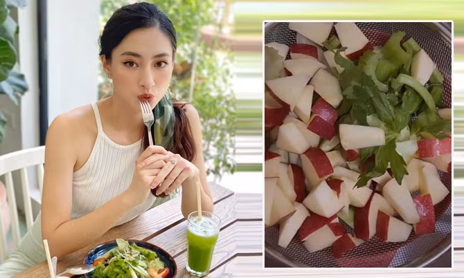 Hoa hậu Lương Thùy Linh thường dành thời gian làm nước ép cần tây buổi sáng nhằm dưỡng da, giữ dáng. Để thức uống bớt mùi hăng của cần tây, nàng hậu sinh năm 2000 kết hợp cùng táo tươi, dưa chuột.