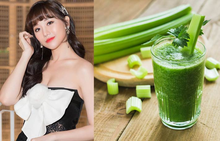 Để giảm cân, Hari Won uống nước ép cần tây cả ngày. Cô không mix gì thêm mà chỉ uống nước ép cần tây nguyên chất. Cụ thể là cứ 3 tiếng cô lại uống từ 300 – 350ml loại nước này; và kết quả là cô đã giảm được 6kg trong 2 tháng.