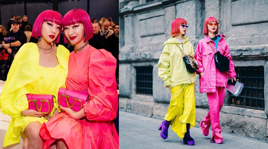 Hai người đẹp luôn xuất hiện trong trang phục giống nhau cùng màu sắc rực rỡ như hồng, tím, vàng chanh.