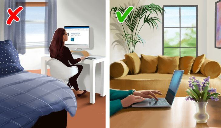 5. Bàn làm việc: Tách biệt thời gian làm việc và nghỉ ngơi là điều quan trọng khi bạn làm việc tại nhà. Bởi bộ não dễ bị phân tâm bởi các trách nhiệm khi bạn muốn đi ngủ. Nếu bắt buộc để bàn làm việc trong phòng ngủ thì bạn nên đặt cách xa giường. Bạn cũng có thể xoay bàn làm việc để không hướng về giường ngủ, thậm chí có thể dùng rèm để ngăn cách.