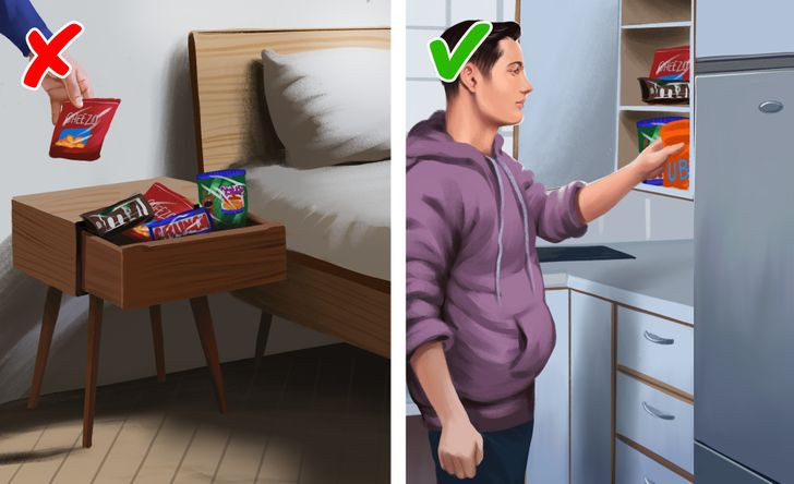 8. Đồ ăn vặt: Để đồ ăn vặt trong phòng ngủ có thể khiến bạn ăn nhiều hơn so với để trong phòng bếp. Đây là thói quen không sạch sẽ vì vụn thức ăn có thể rơi trong phòng, thu hút vi trùng, vi khuẩn. Ngoài ra, bạn có thể ăn quá nhiều khi nằm trên giường, xem phim trên laptop, TV hay điện thoại. Ăn trên giường cũng có thể ảnh hưởng giấc ngủ. Ảnh: BS.