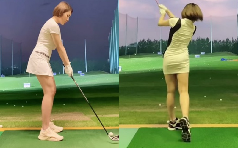 Chiếc váy của Trâm Anh khiến người xe ''đỏ mặt'' vì sợ cô lộ hàng. Nhiều người lựa chọn chân váy mặc chơi golf dài trên đầu gối khoảng 10cm để an toàn. Ảnh: FB, IT.
