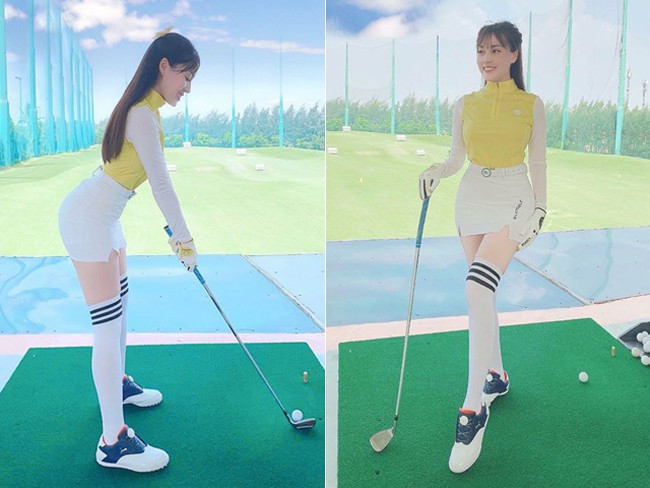 Âu Hà My: Vốn là nữ giảng viên có tiếng của Đại học Ngoại ngữ, Âu Hà My còn được biết tới với danh xưng "nữ thần giảng đường". Trái ngược với vẻ thuỳ mị, kín đáo trên giảng đường đại học, Âu Hà My trong trang phục đánh golf khá gợi cảm.