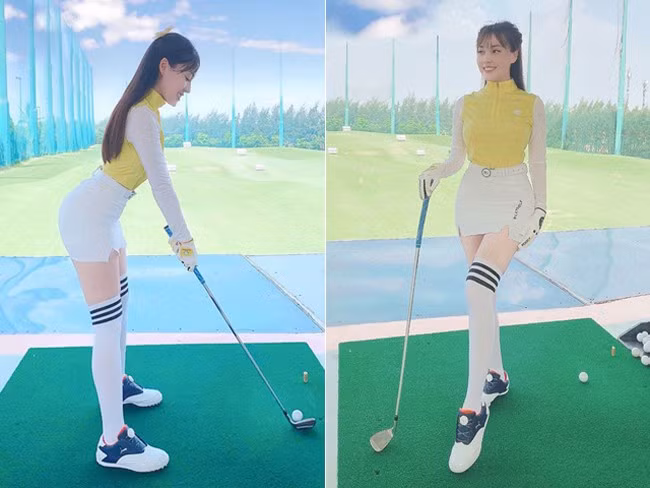 Âu Hà My: Vốn là nữ giảng viên có tiếng của Đại học Ngoại ngữ, Âu Hà My còn được biết tới với danh xưng "nữ thần giảng đường". Trái ngược với vẻ thuỳ mị, kín đáo trên giảng đường đại học, Âu Hà My trong trang phục đánh golf khá gợi cảm.