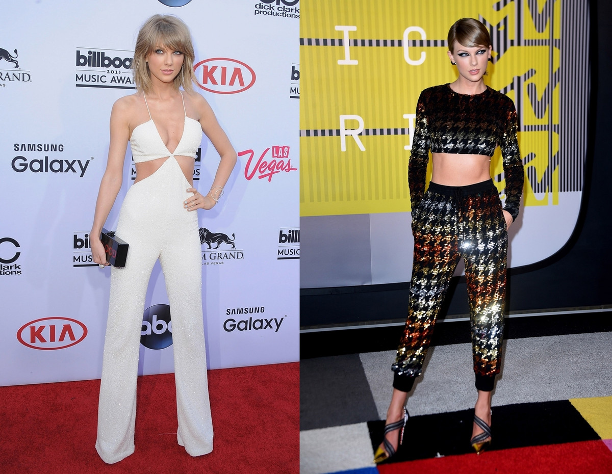 Trên thảm đỏ, Taylor Swift có lúc trở thành quý cô với những bộ jumsuit cá tính hay những mẫu áo crop top khoe vòng eo con kiến.