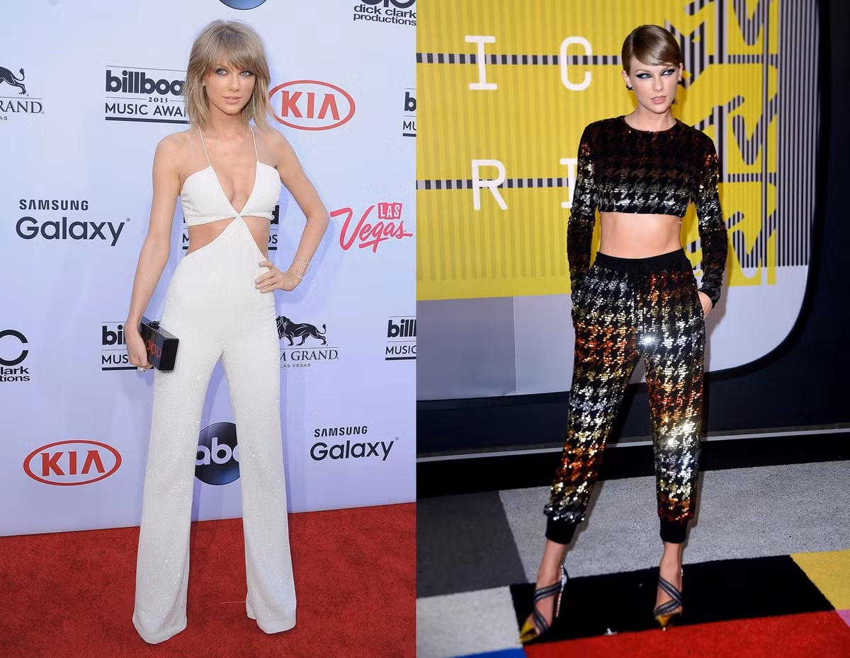 Trên thảm đỏ, Taylor Swift có lúc trở thành quý cô với những bộ jumsuit cá tính hay những mẫu áo crop top khoe vòng eo con kiến.