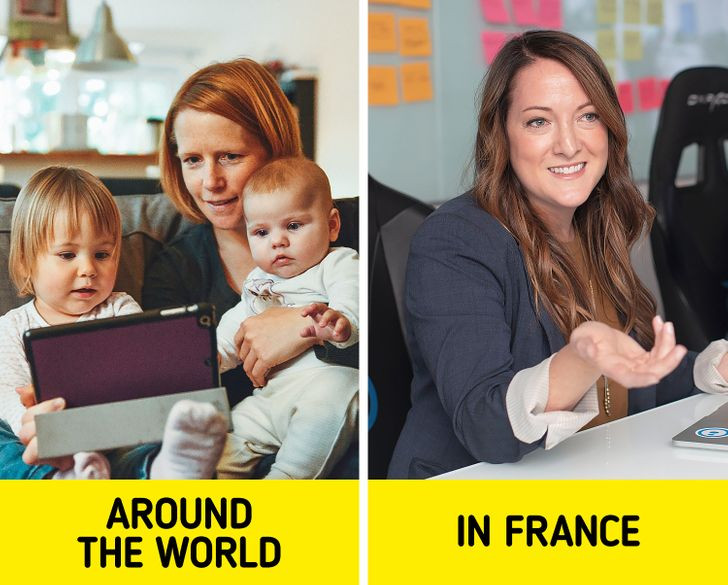 6. Thời gian thai sản ngắn: Thời gian nghỉ thai sản của phụ nữ chỉ kéo dài 4 tháng ở Pháp và sau thời gian này, người phụ nữ có nghĩa vụ trở lại làm việc và để đứa trẻ của mình được nuôi dưỡng bởi vú em hoặc người thân. Ở quốc gia này, việc nghỉ thai sản kéo dài có thể dẫn đến việc bị giảm thâm niên công tác và ít triển vọng trong công việc tương lai.