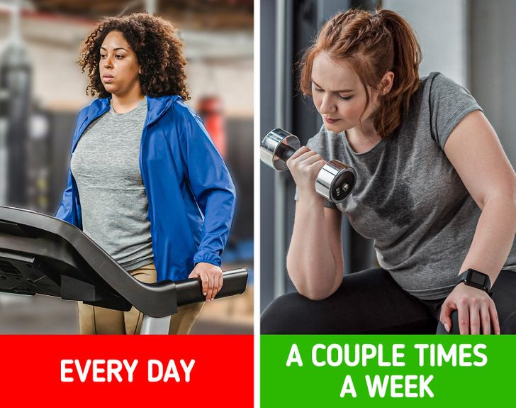 6. Quá khắc nghiệt với cơ thể mình: Tập thể dục thường xuyên không chỉ giúp bạn có được thân hình săn chắc mà còn là một cách tuyệt vời để giảm mức độ căng thẳng. Tuy nhiên, tập luyện quá mức sẽ gây tác dụng ngược và làm tăng mức cortisol của bạn. Điều này khiến cơ thể bạn tích trữ nhiều chất béo và thèm ăn hơn. Bạn nên dành khoảng 150 phút hoạt động aerobic vừa phải mỗi tuần.