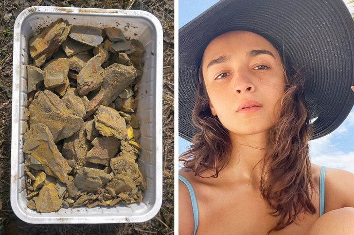 9. Cải thiện tông màu da với Fuller’s Earth. Nữ diễn viên Alia Bhatt, 28 tuổi, thường làm đẹp với đất sét Multani mitti. Loại đất sét này khá giàu khoáng chất có thể loại bỏ sự xỉn màu trên khuôn mặt, đồng thời giúp làn da mềm mịn hơn.