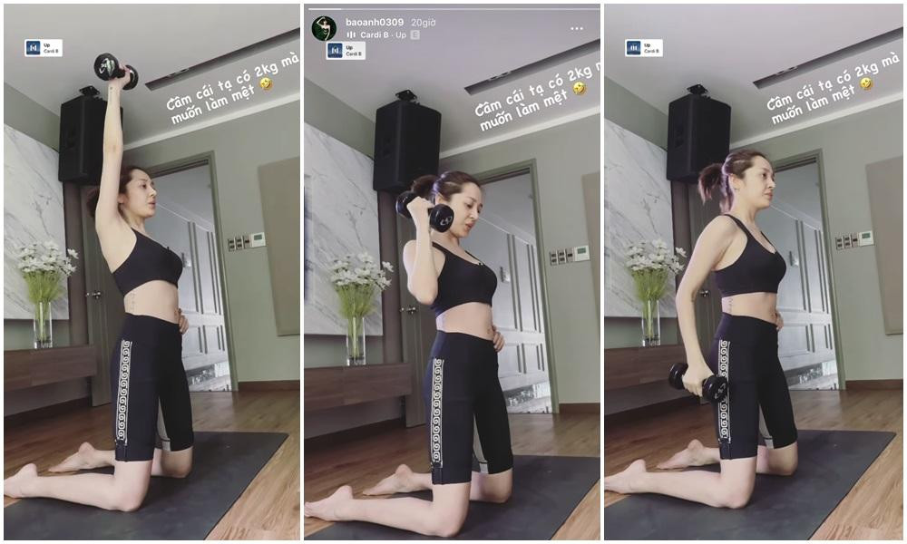 Bảo Anh kết hợp với tạ để tập bài tập giữ lưng thẳng, bụng thon.