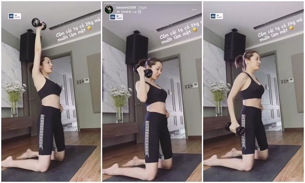 Bảo Anh kết hợp với tạ để tập bài tập giữ lưng thẳng, bụng thon.