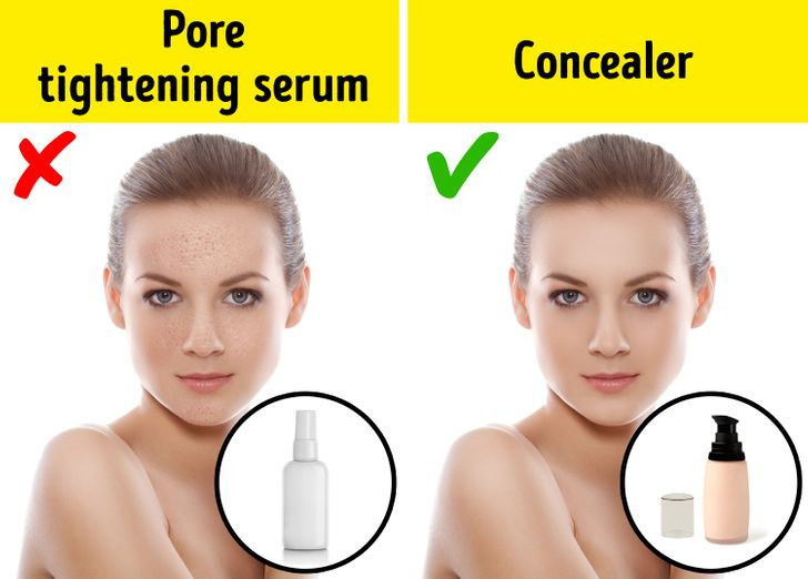 Cố gắng se khít lỗ chân lông bằng các loại huyết thanh đặc biệt: Theo chuyên gia, không có sản phẩm nào có thể se khít lỗ chân lông. Kích thước của lỗ chân lông trên da được xác định bởi gen của một người. Sử dụng mỹ phẩm chỉ dẫn đến hiệu ứng thị giác ngắn hạn - lỗ chân lông trở nên ít được chú ý hơn vì chúng bị bao phủ bởi chất sừng, mồ hôi và vi khuẩn. Muốn che bớt lỗ chân lông to, bạn cần sử dụng kem che khuyết điểm hoặc kem nền tốt.