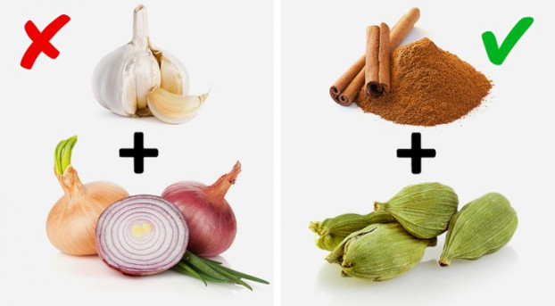 Hành, tỏi - Quế, bạch đậu khấu: Hành, tỏi chứa các hợp chất lưu huỳnh hữu cơ được chuyển hóa và đào thải chủ yếu thông qua các lỗ chân lông trên cơ thể gây ra mùi cơ thể khó chịu. Mặt khác, quế và bạch đậu khấu là gia vị giúp cơ thể có mùi thơm tươi mát, dễ chịu trong thời gian dài.