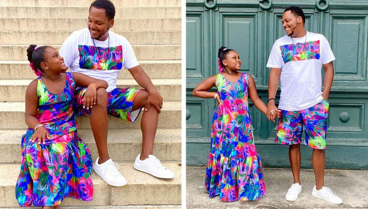 Ông bố này đã tự may hơn 200 bộ trang phục cho con gái và anh ấy thường kết hợp quần áo của cô bé với quần áo của mình khiến chúng trông đáng yêu hơn.