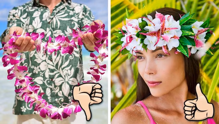 5. Hawaii và Tahiti: Không bao giờ đeo vòng hoa. Ở Hawaii, phụ nữ mang thai không nên đeo vòng hoa bởi đây được coi là điềm xấu đối với em bé. Thay vào đó, bạn có thể đội một chiếc haku (vương miện hoa).