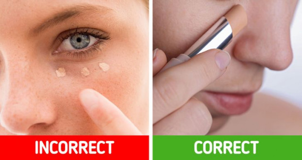 Dùng kem che khuyết điểm quá sáng: Khi muốn che đi những quầng thâm dưới mắt, chúng ta thường chọn kem che khuyết điểm màu sáng hơn. Nhưng thực tế nó sẽ chỉ làm bọng mắt càng thâm đen, mệt mỏi. Cách tốt nhất để che đi quầng thâm là phủ một lớp lót sáng hơn một chút so với tông màu của kem nền, sau đó, thoa kem che khuyết điểm có cùng tông với màu da.