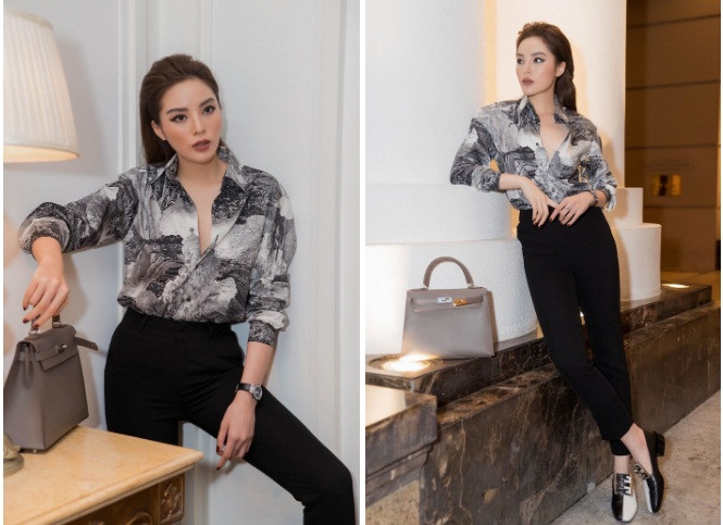 Kỳ Duyên toát lên thần thái đầy khí chất khi mặc áo sơ mi bung cúc cùng quần âu cá tính.