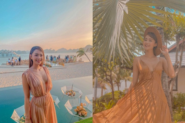 Nữ ca sĩ từng gây tranh cãi khi diện chiếc váy dài thướt tha, cổ xẻ sâu tít tắp (ảnh trái) xuất hiện tại đám cưới của một người bạn. Chi tiết xẻ ngực sâu khiến Minh Hằng bị cộng đồng mạng "nhắc nhở" gợi cảm hơn cô dâu.