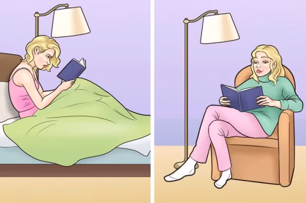 7. Đọc sách trên giường: Thói quen đọc một vài trang sách trên giườn trước khi ngủ có thể dẫn đến tê cứng vai và lưng. Ngồi dựa lưng trên giường đọc sách có thể gây căng thẳng cột sống và các cơ ở lưng dưới, dẫn đến đau nhức. Ảnh: BS.