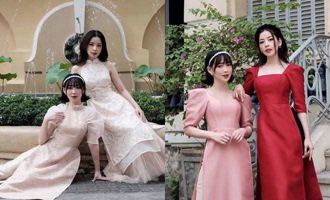 Chi Pu và Sun HT chọn áo dài cách tân có kiểu dáng mới mẻ nhưng vẫn toát lên nét thanh lịch.