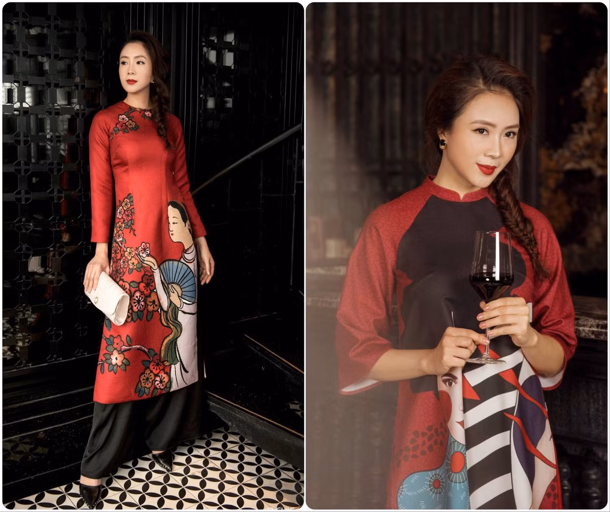 Diễn viên Hồng Diễm vô cùng nền nã khi diện áo dài đỏ in họa tiết độc đáo dịp cận Tết.