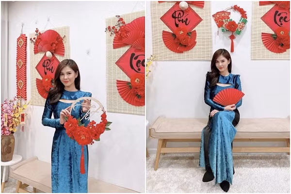 Hòa cùng không khí đón Tết, MC Thu Hoài chọn áo dài xanh với phần ngực khoét nhẹ.