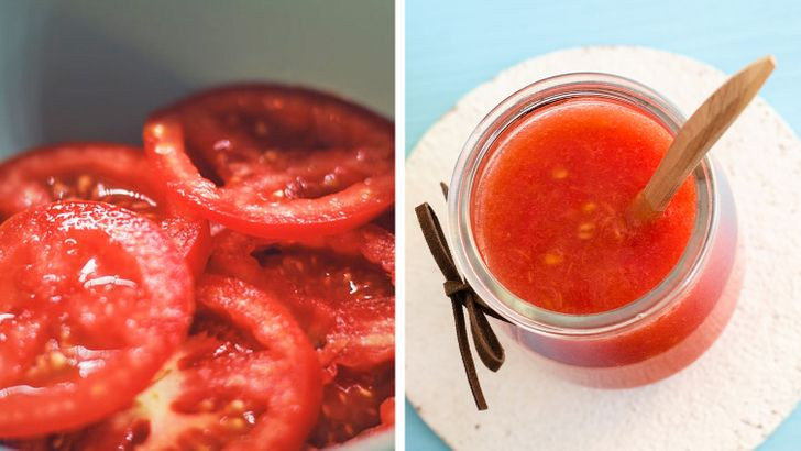 Mặt nạ cà chua: Trộn một quả cà chua xay nhuyễn với ba thìa đường và vài giọt nước cốt chanh. Thoa hỗn hợp lên da đã được làm sạch, massage theo chuyển động tròn trong 5 phút rồi rửa sạch lại.