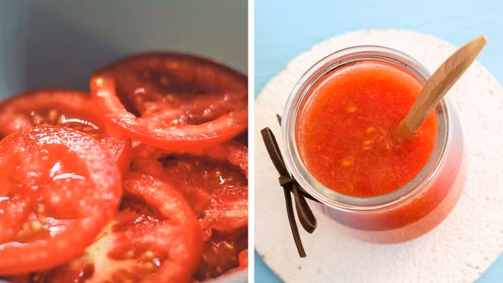 Mặt nạ cà chua: Trộn một quả cà chua xay nhuyễn với ba thìa đường và vài giọt nước cốt chanh. Thoa hỗn hợp lên da đã được làm sạch, massage theo chuyển động tròn trong 5 phút rồi rửa sạch lại.