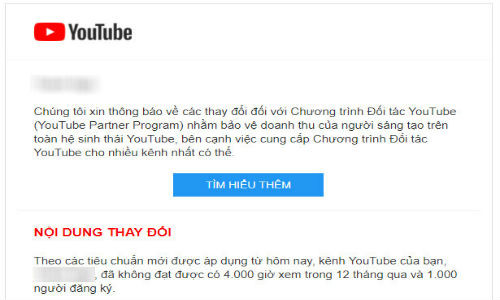 Email thông báo về tiêu chuẩn được kiếm tiền từ quảng cáo trên YouTube.