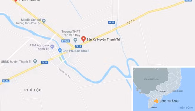 Nơi các em nhặt được ví tiền gần Bến xe huyện Thạnh Trị (chấm đỏ). Ảnh: Google Maps.