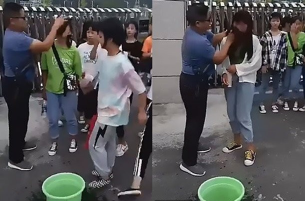 Thay giao dung cong truong lau sach mat nu sinh trang diem truoc khi cho vao lop