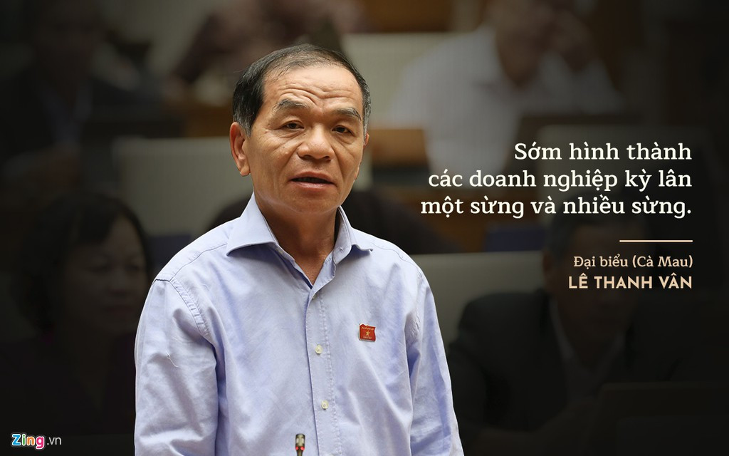 Đại biểu Lê Thanh Vân (Cà Mau) kiến nghị Chính phủ sớm ban hành văn bản khuyến khích doanh nghiệp trong nước tiếp cận vốn, đầu tư công nghệ cao, ứng dụng vào quá trình sản xuất kinh doanh. Để từ đó, từng bước thay thế các FDI để phát huy nội lực. Ông Vân cũng mong muốn Chính phủ ban hành chính sách khuyến khích các doanh nghiệp khởi nghiệp, hỗ trợ rủi ro để sớm hình thành các doanh nghiệp “kỳ lân một sừng và nhiều sừng”.