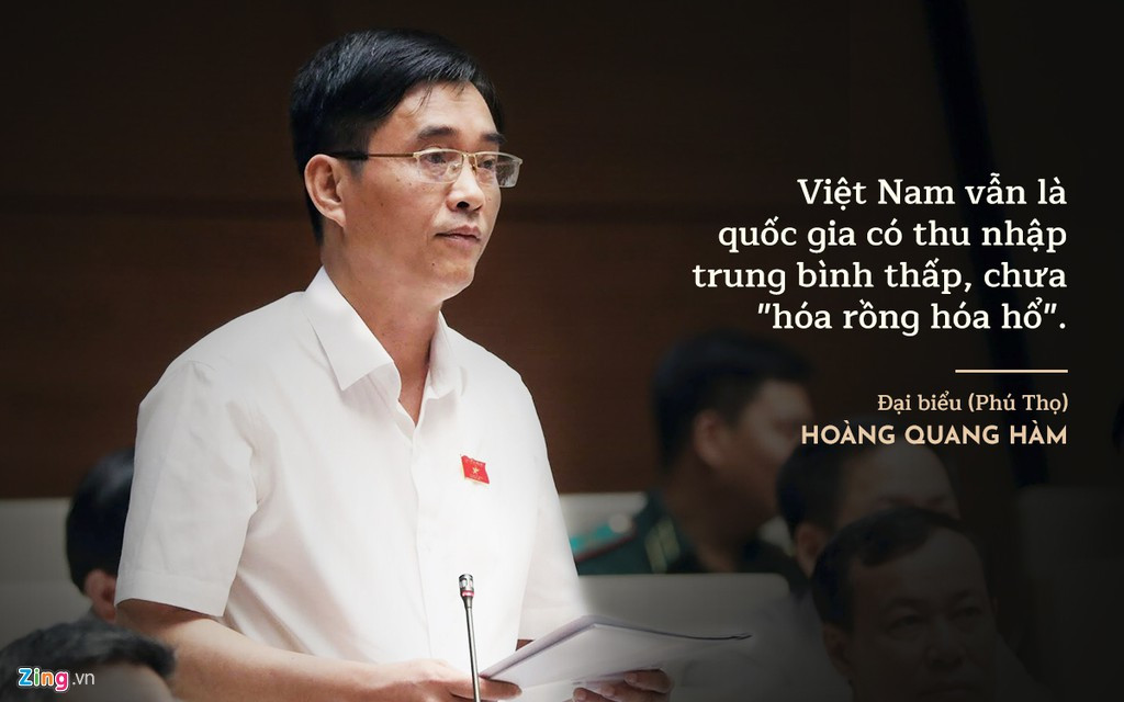 Đại biểu Hoàng Quang Hàm (Phú Thọ) nhận định kinh tế phát triển nhanh, ổn định nhưng Việt Nam vẫn là quốc gia có thu nhập trung bình thấp, chưa "hóa rồng hóa hổ". Tăng trưởng của Việt Nam là nhanh nhưng vẫn khó đuổi kịp thế giới, có nguy cơ tụt hậu khi Việt Nam đang dần bước qua thời kỳ dân số vàng.