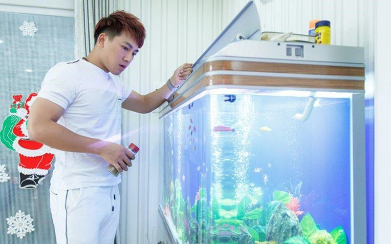 Bể cá lớn được đặt bên cạnh giúp anh thư giãn mỗi khi trở về nhà.