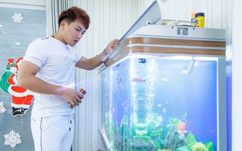 Bể cá lớn được đặt bên cạnh giúp anh thư giãn mỗi khi trở về nhà.