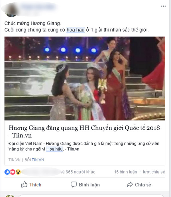 Thông tin này nhận được nhiều sự quan tâm của cộng đồng mạng, đặc biệt là những người hâm mộ và theo dõi cô nàng từ những ngày đầu bước vào showbiz. Nhiều người đặt ra câu hỏi: Từ nay gọi Hương Giang là gì, ca sĩ hay hoa hậu? Và dưới đây chính là câu trả lời. 'Từ hôm nay hãy gọi Hương Giang là… Hoa hậu' chính là lời khẳng định cũng như là chúc mừng của cư dân mạng gửi đến Tân Hoa hậu chuyển giới.