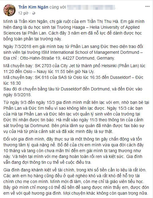 Lời kêu gọi ủng hộ của gia đình nạn nhân.