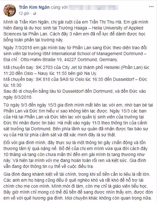 Lời kêu gọi ủng hộ của gia đình nạn nhân.