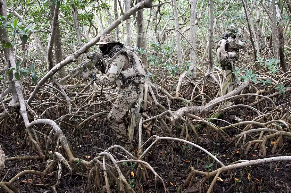 Khi đã lên bờ, những người lính này gần như hoà mình vào môi trường xung quanh với bộ quân phục họ mang trên người. Nguồn ảnh: Sina.