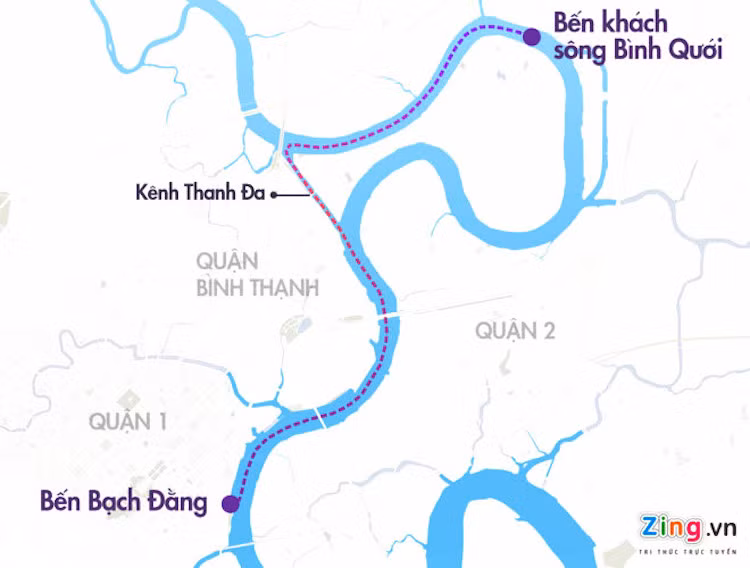 Lộ trình cụ thể của tuyến buýt số 1: Bến số 1 (Bạch Đằng, quận 1) - bến số 2 (Sài Gòn Pearl, quận Bình Thạnh) - bến số 3 (Bình An, quận 2) - bến số 4 (Thảo Điền, quận 2) - bến số 5 (Tầm Vu, quận Bình Thạnh) - bến số 6 (Thanh Đa, quận Bình Thạnh) - bến số 7 (Bình Triệu, quận Thủ Đức) - bến số 8 (Hiệp Bình Chánh, quận Thủ Đức) - bến số 9 (Bình Quới, quận Thủ Đức). Đồ họa: Minh Trí.