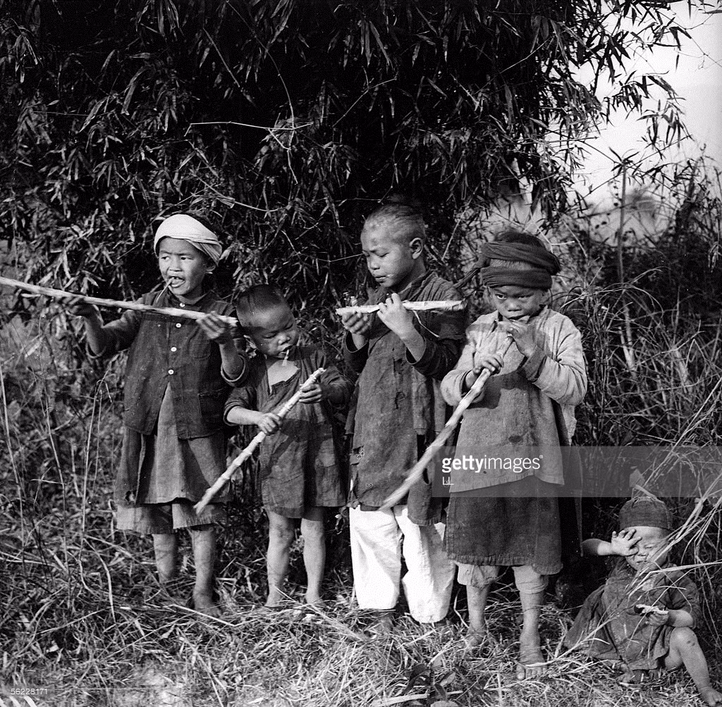 Trẻ em dân tộc Thái gặm mía ở vùng núi phía Bắc Việt Nam năm 1902, một trong những hình ảnh xa xưa nhất về trẻ em Việt Nam. Ảnh: Getty Images.
