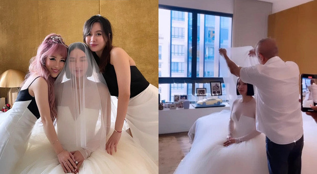 Kim Lim cùng cha và các phù dâu trước giờ cử hành hôn lễ. Cô thay tới hai bộ váy cưới trong ngày trọng đại.