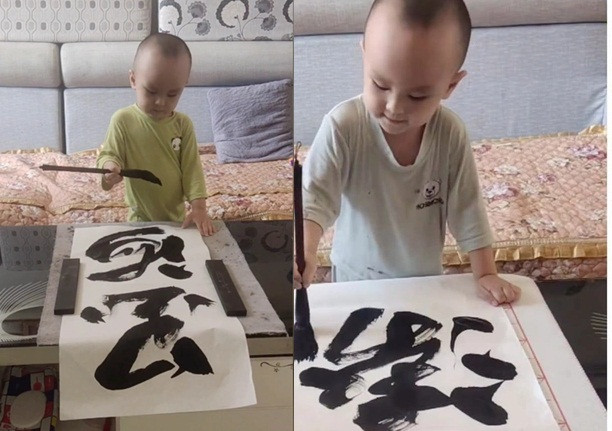 Be trai Trung Quoc 3 tuoi gay sot mang vi tai viet thu phap