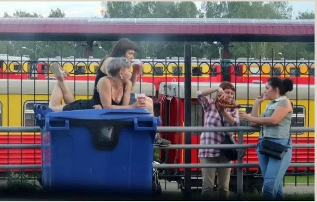 Nắp thùng rác bỗng trở thành địa điểm "tám chuyện" của các quý bà quý cô.