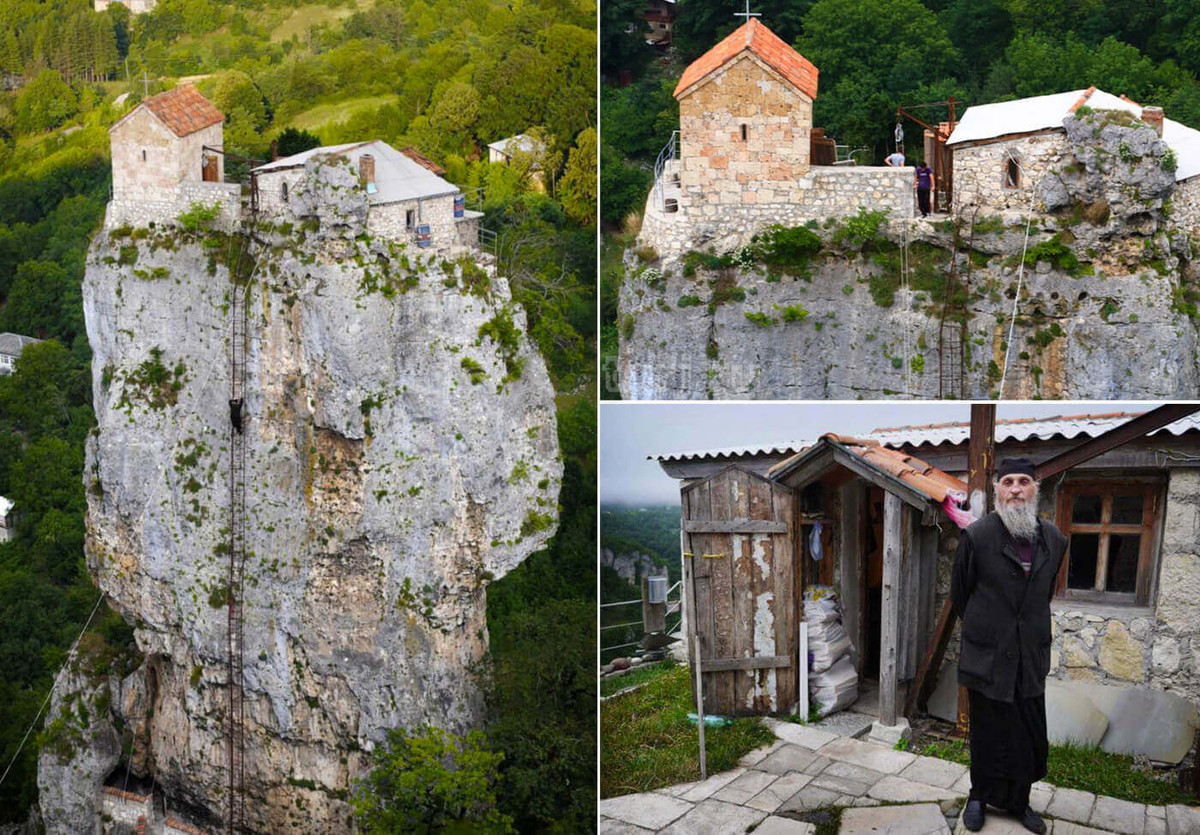 Muốn lên được nhà thờ này, các tu sĩ phải leo lên những bậc thang bằng kim loại mỏng gắn chặt vào vách đá trong khoảng 20 phút.