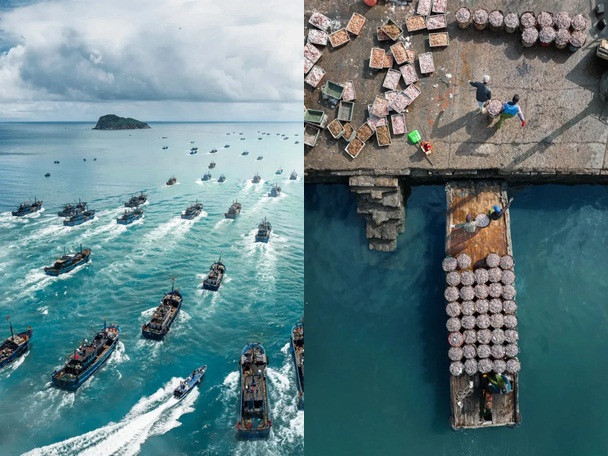 Đoàn tàu đánh cá ở Phúc Kiến ra khơi và thu về đầy ắp tôm cá từ biển cả.