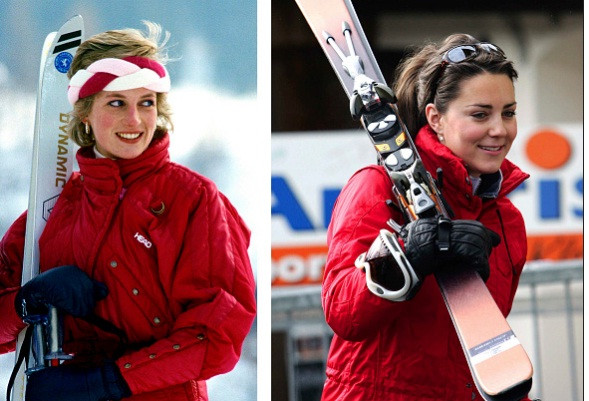 Năm 1985, Công nương Diana chọn trang phục trượt tuyết màu đỏ nổi bật. Công nương Kate Middleton cũng học theo mẹ chồng chọn trang phục có màu sắc tương tự thể hiện sự khỏe khoắn và năng động khi đi trượt tuyết năm 2016.