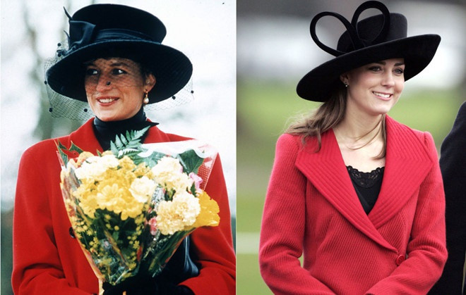 Bên cạnh áo khoác đỏ, Công nương Diana và con dâu Kate Middleton đều lựa chọn cùng một kiểu mũ.